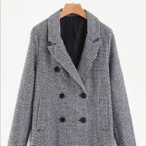 Double Breasted Plaid Pea Coat Jacket Black/White